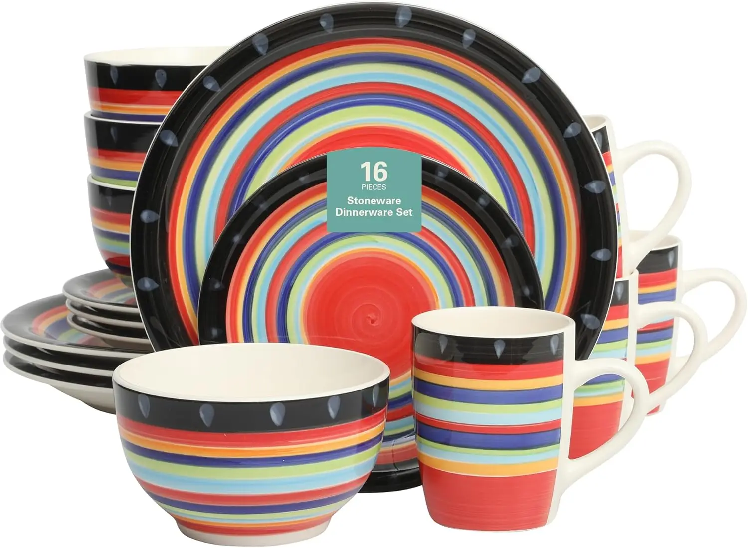 

16-Piece Stoneware Dinnerware Set - Colorful Hand-Painted Plates, Bowls & Mugs, Service for 4, Dishwasher & Microwave Safe Vibra