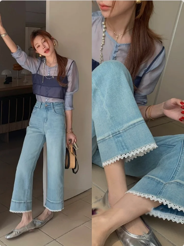 

Retro Lace Elastic Nine-Tenths Jeans Women's Summer plus Size Design Loose High Waist Slim Straight Leg Pants