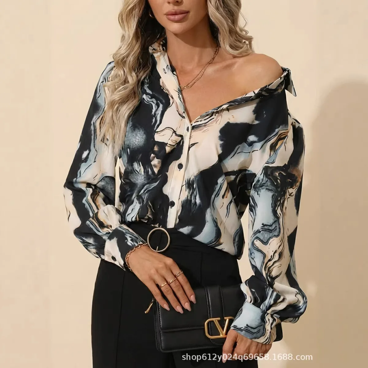 Spring and summer 2026 European and American casual printing polo collar long-sleeved shirt high sense