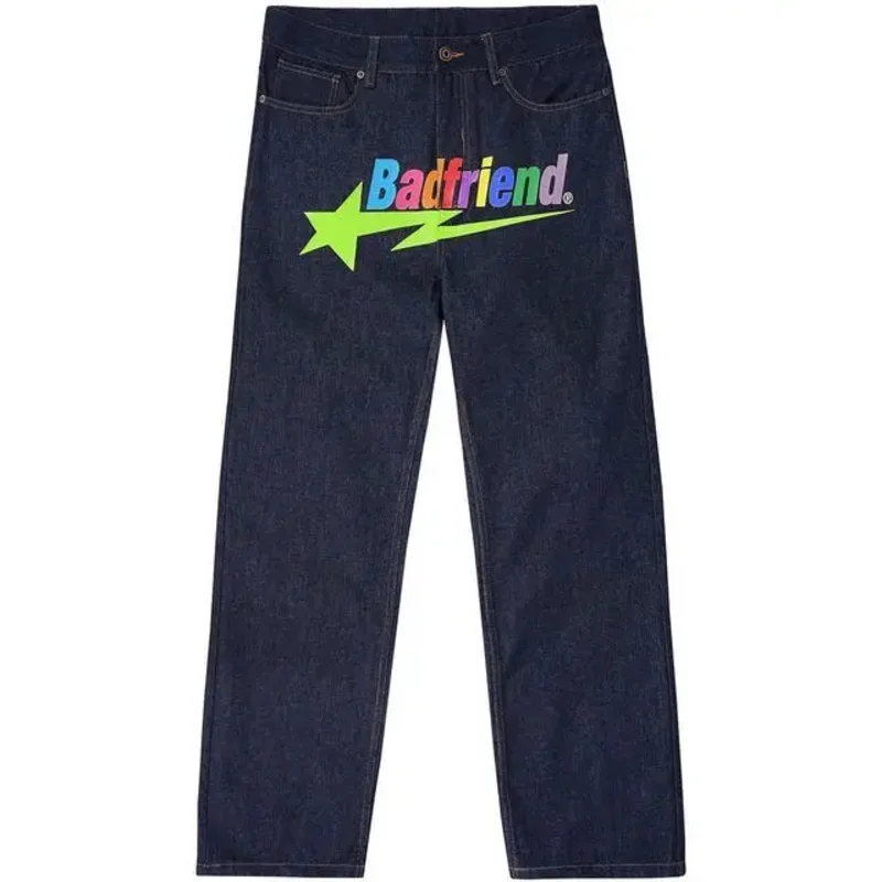 Y2k Jeans Badfriend Letter Printing Pants Hip Hop  Baggy Black Denim Pants New Harajuku Punk Rock Wide Leg Trousers Streetwear