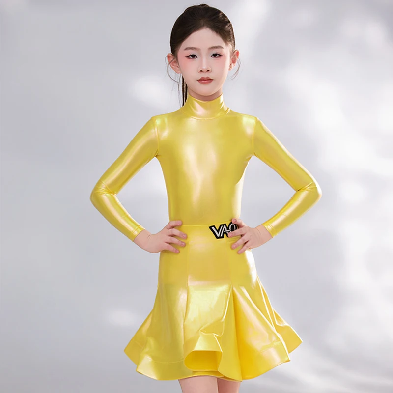 

Новый костюм для соревнований по латинским танцам, переливающийся танцевальный костюм для девочек, профессиональный танцевальный костюм для латинского шоу, желтый 3042