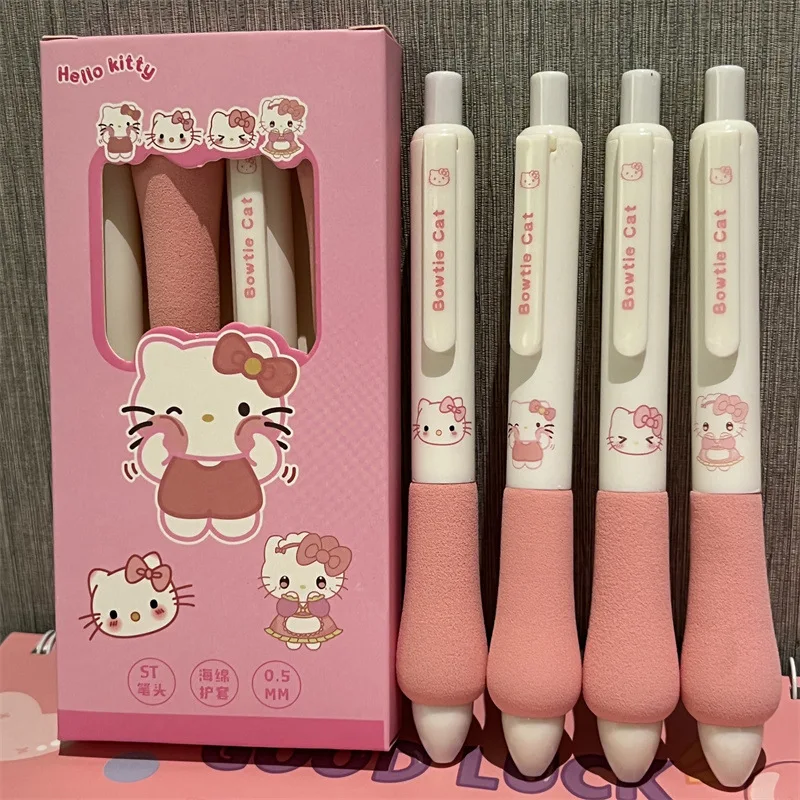 Kawaii 4Pcs/set Sanrio Cartoon Hello Kitty Black Gel Pen Boxed Students Stationery Soft Grip Pen Carbon Pen Children Gift