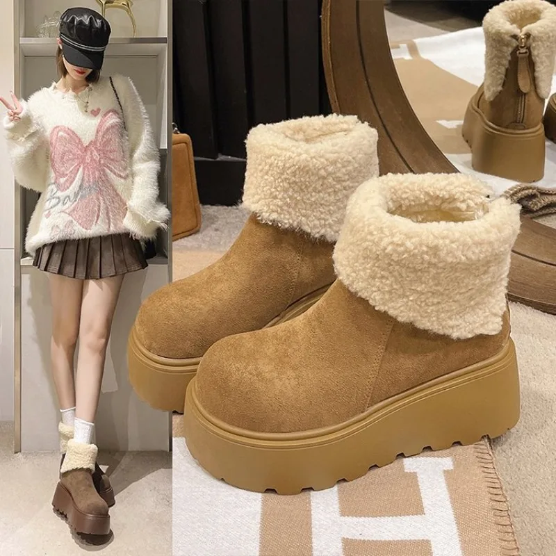 

Cow Suede Ankle Snow Boots Flat with Winter 2025 High Quality Ladies Shoes Round Toe Mid Heel Zipper Concise Women's Boots New