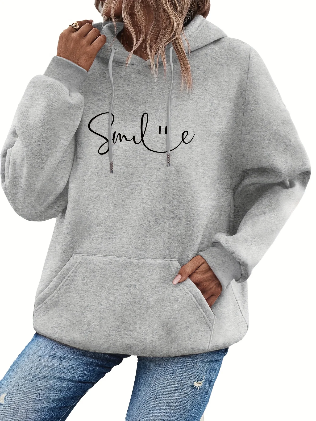 Womens SMILE Print Hoodie with Kangaroo Pocket Comfortable Casual Sweatshirt for Stylish Everyday Wear