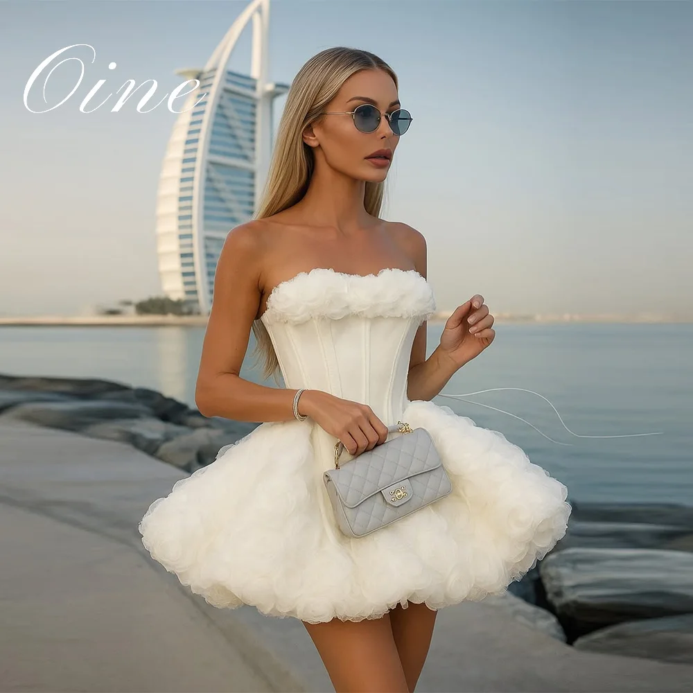 Oine Charming Strapless Mesh Mini Wedding Dress with Floral Ruffles Cute Puffy Ruffles Tulle Princess Bridal Gown Customized