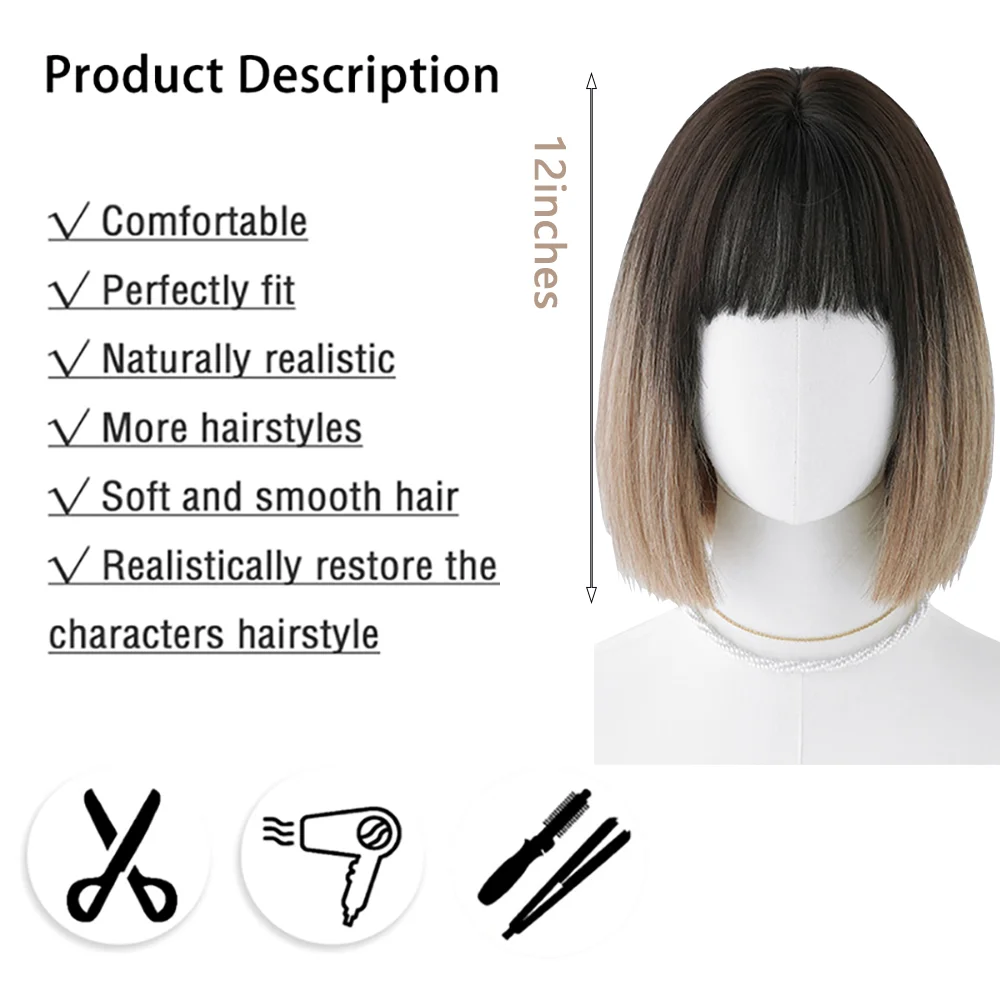 Balayage Ombre Brown Short Bob Wig With Bangs For White Women Straight Heat Resistant Synthetic Wig For Daily Outing Dating Use