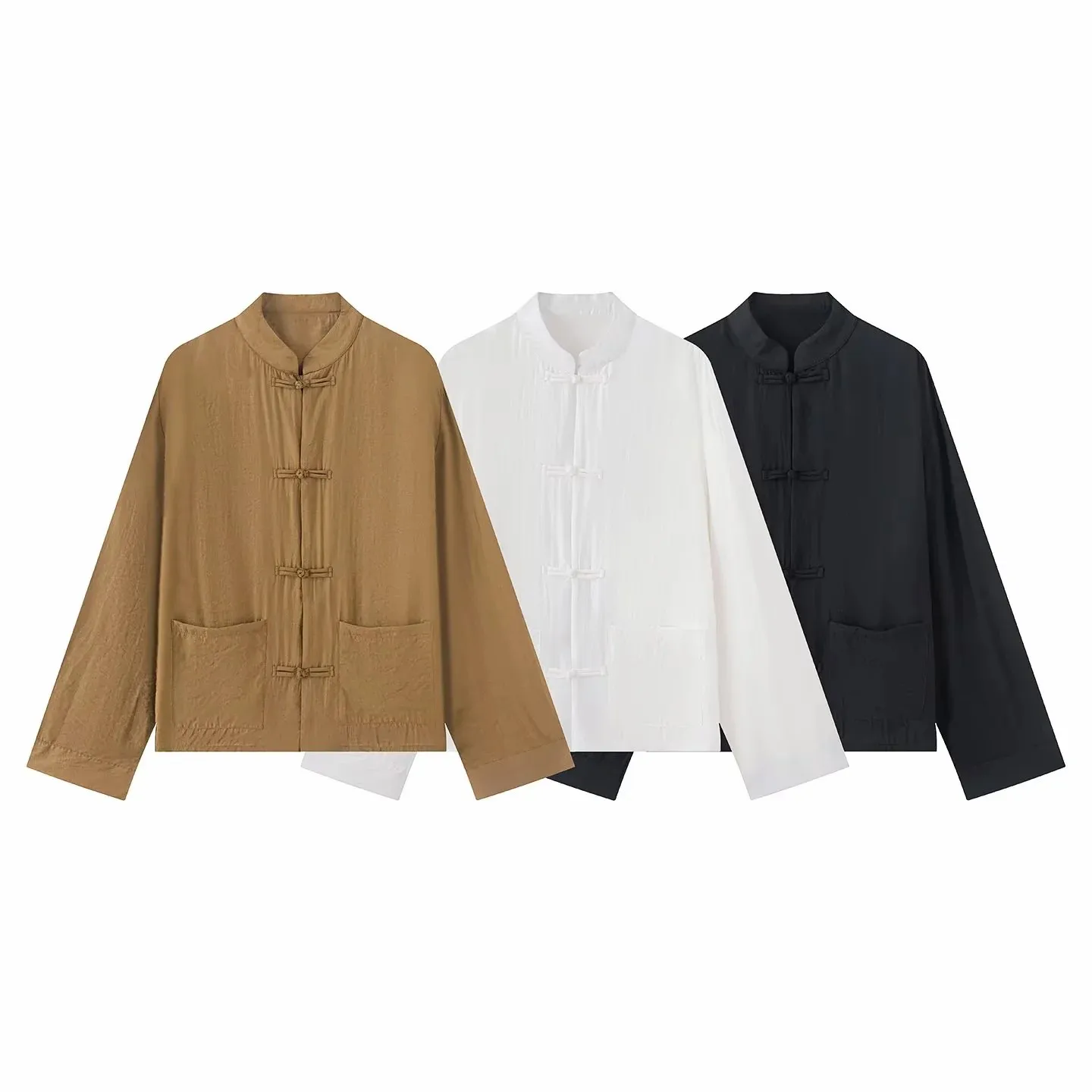 Damen Mode Satin-Knotenknopf-Hemd Vintage Damen Rundhals-Kragen Langarm-Bluse Elegantes Damenhemd – Detail 2