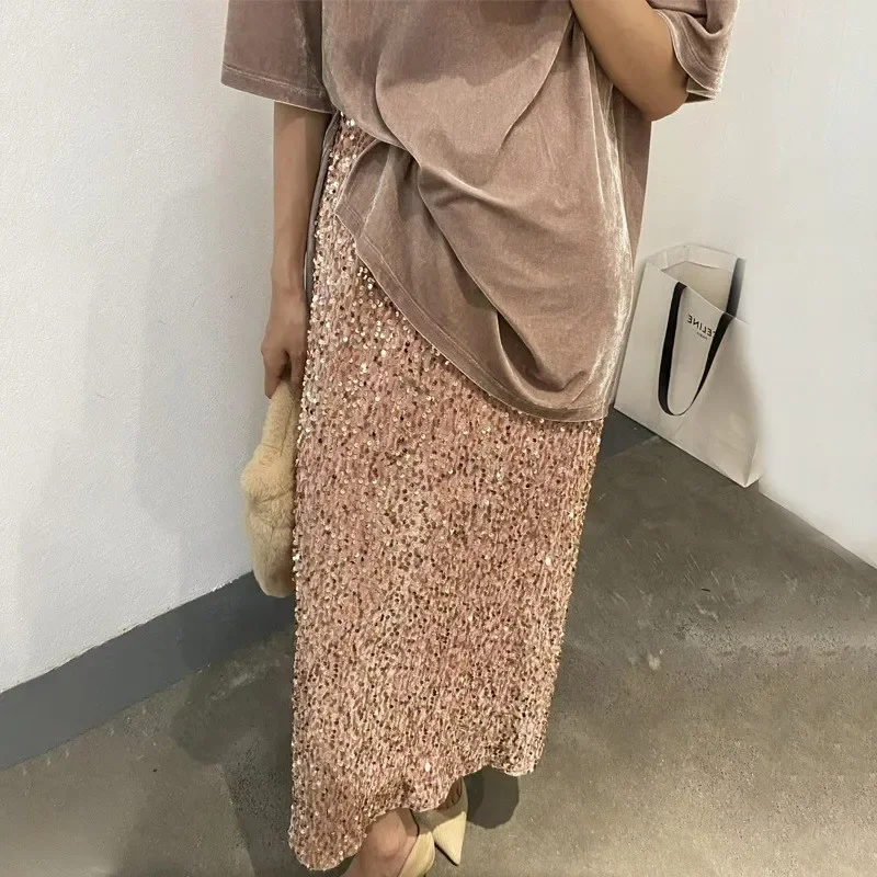 弾性ストレートスカート ハイウエスト 薄い スパンコールスカート 弾性ウエスト バック スプリット 夏 無地