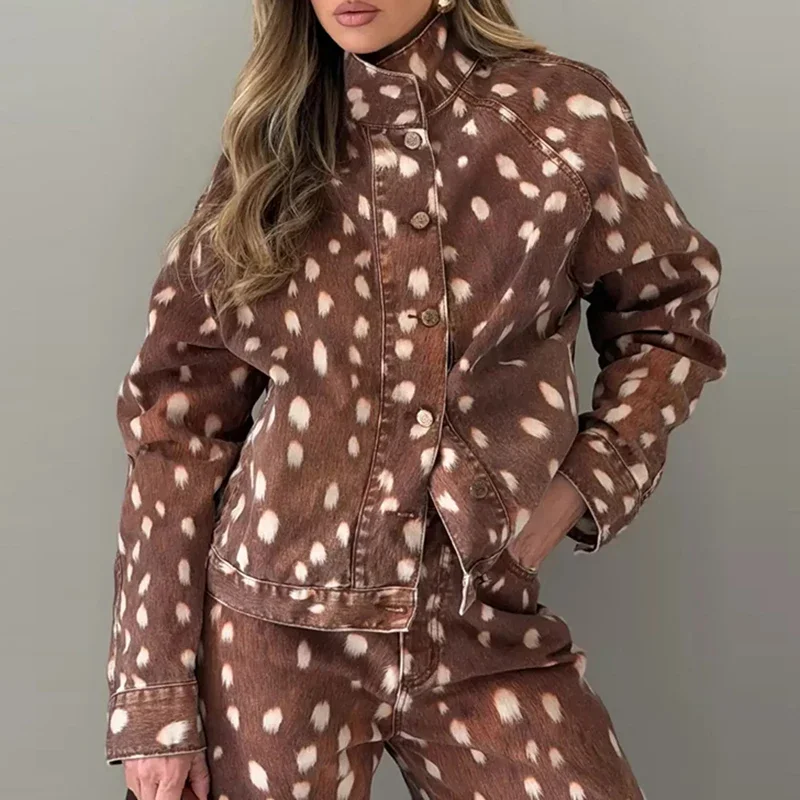 Lapel Long Sleeve Button Commute Jacket Autumn Winter New Women's Casual Outerwear French Style High Street Vintage Printed Coat