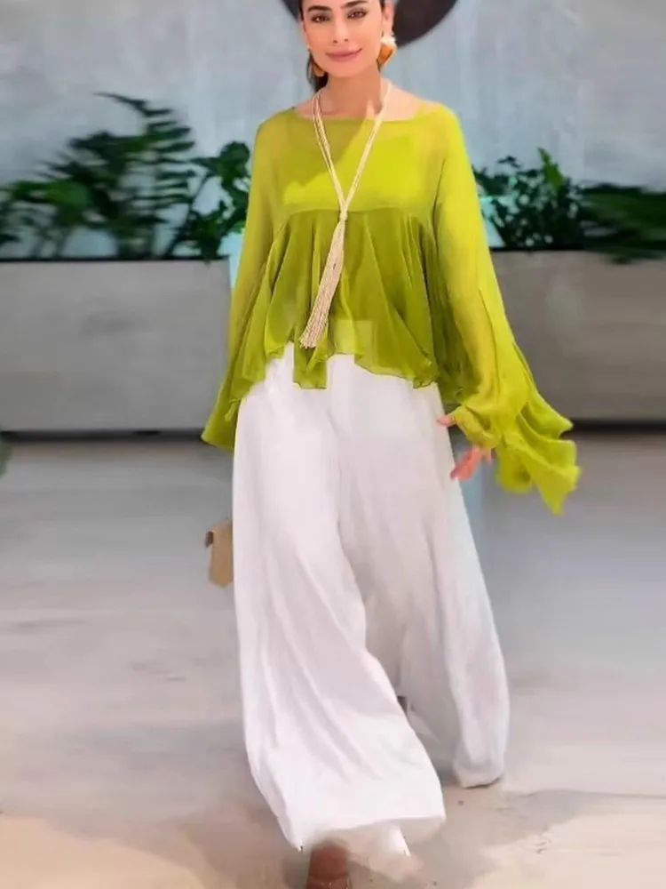 

Женский повседневный свободный модный костюм-двойка с рюшами и длинными рукавами, новый женский элегантный однотонный женский комплект из 2 предметов, женская одежда