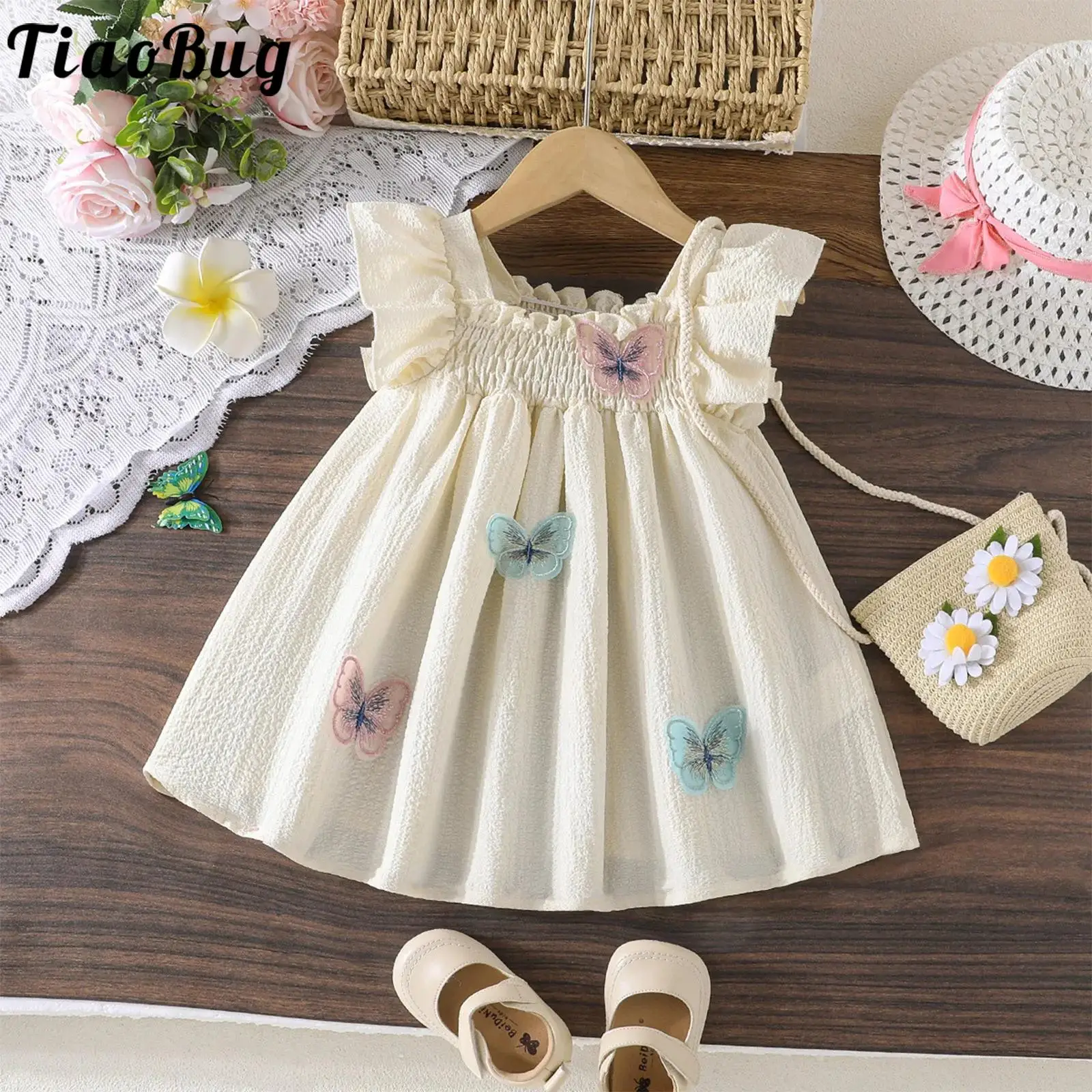 Toddler Girls Clothes Sweet Butterfly Dress Fly Sleeves Smocking Stitch Sundress Kids Clothing Summer Birthday Party Casual Wear