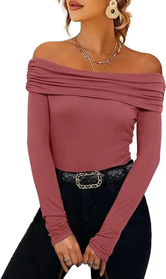 Mulheres sexy fora do ombro topos elegante casual fino ajuste mangas compridas primavera outono blusa saindo camisa de noite