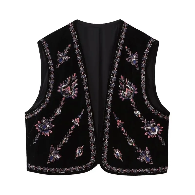 2023 Ethnic Velour Beading Sequin Embroidery Flower Open WaistCoat Women Velvet BOHO Sleeveless Vest Jacket Vacation Loose Tops