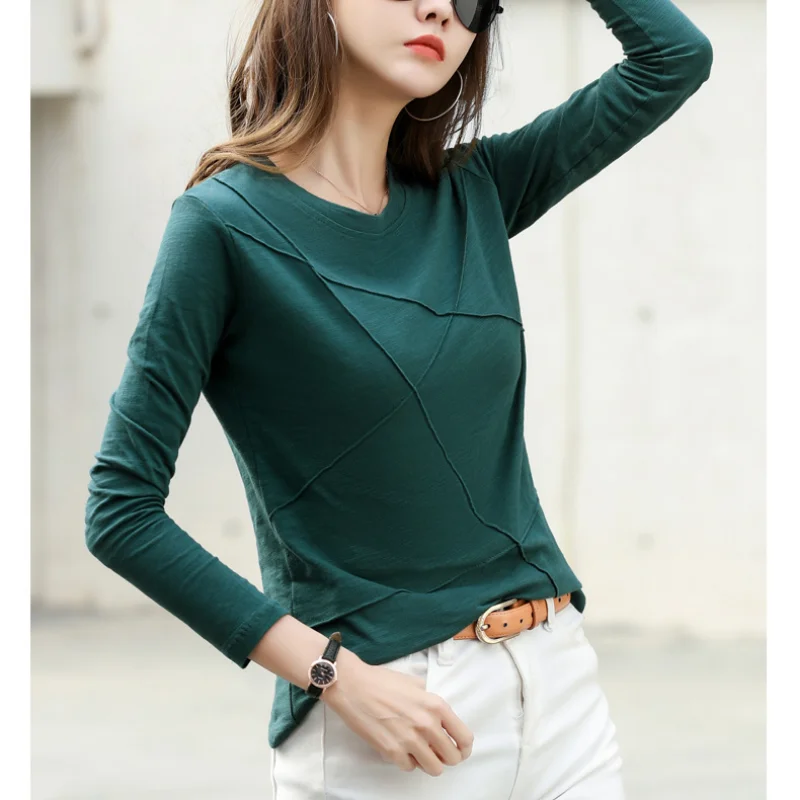 2023 Ribbed Spring Fashion Bamboo Cotton T-Shirt Autumn O-Neck Loose casual Women Shirt Long Sleeve Lady Green Top 17279