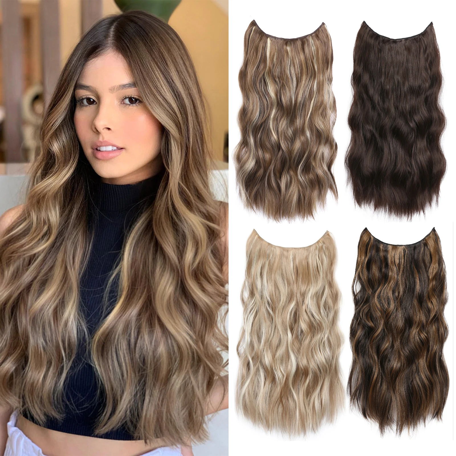 Invisible Wire Hair Extension Wavy Curly Synthetic Hairpiece Long 20Inch Fish Line Hair With 2 Clip-In One Piece For White Woman