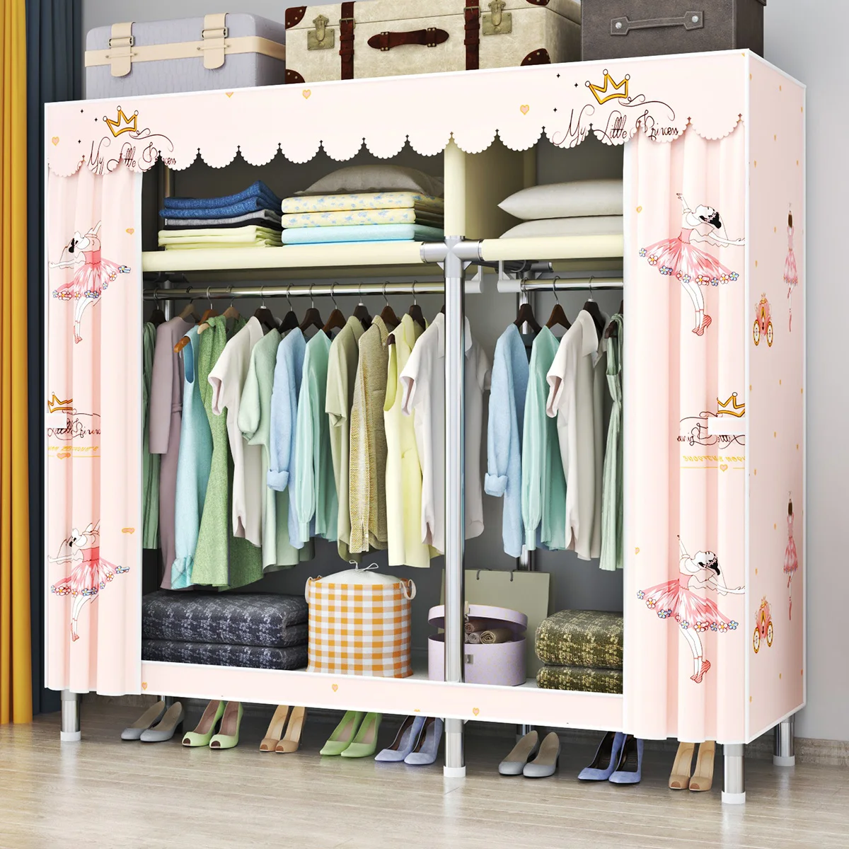 Home Rental Room Bedroom Assembly Hanging Clothes Storage Finishing Steel Frame Bold Simple Non woven fabric wardrobe