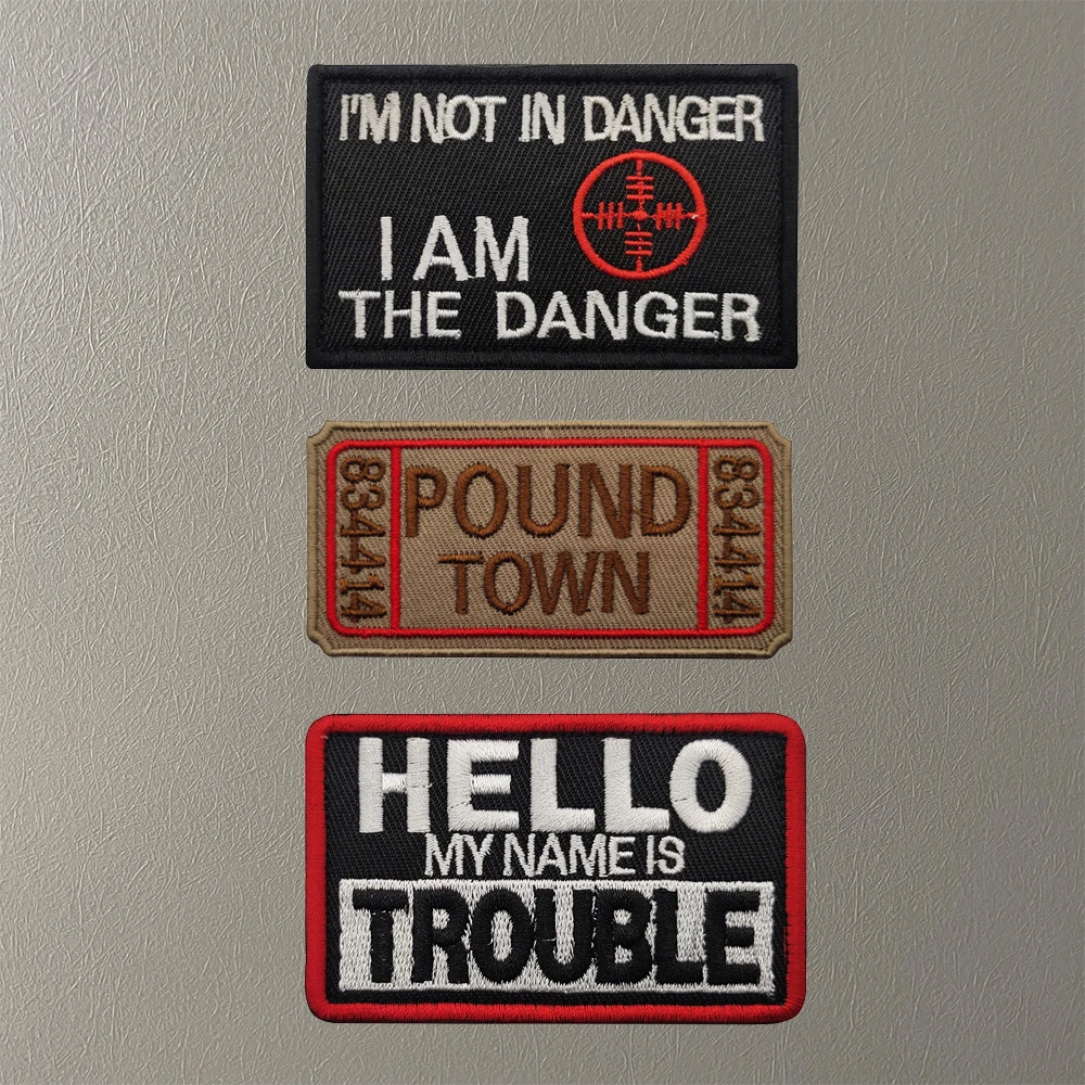 Hello My Name is Trouble Hell Admit One Ticket Reflective Patches Pound Town Embroidery Patch I Come Back I am Danger Appliques