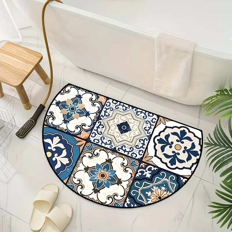 Vintage Mediterranean Tile Semicircle Door Mat Blue White Floral Welcome Rug Anti-Slip Entrance Floor Mat for  Home Decor