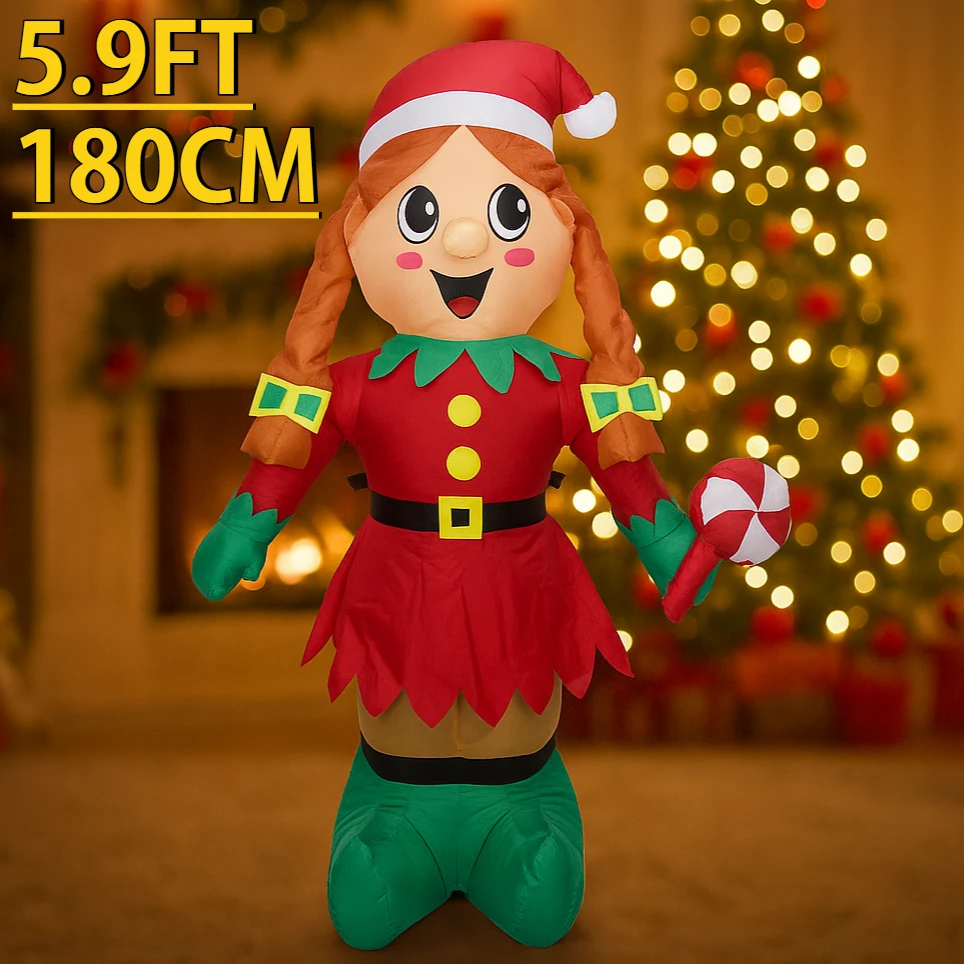 Decoraciones de patio inflables de Navidad de 5,9 pies, linda chica elfo con piruleta, adorno LED iluminado de Navidad, regalo festivo para el hogar, suministros de vacaciones