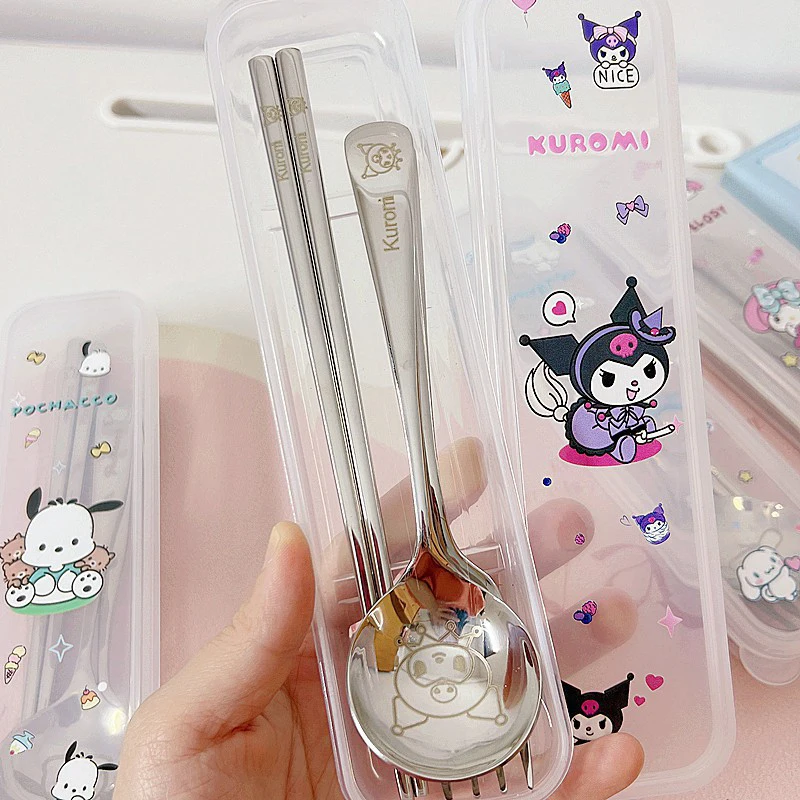 Cute Pattern Cinnamorolls Cartoon Stainless Steel Cutlery Kuromis Three-piece Set Spoon Fork And Chopstick Cutlery Kids Supplies