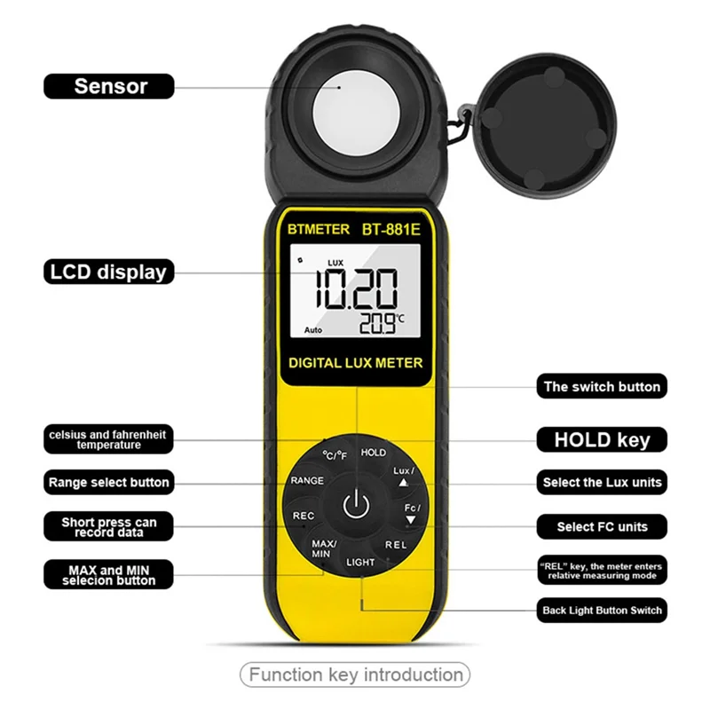 

AT43-BT-881E Handheld Digital Lux Meter, LCD Display, Light Measurement Tool For 1 - 300,000Lux Intensity
