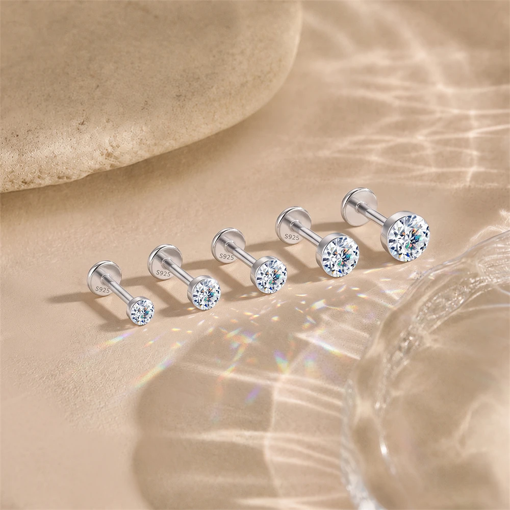 AIDE Sparkling Moissanite Classic Round Women's Multi Size Flat Back Cartilage Piercing 925 Sterling Silver Attached Certificate