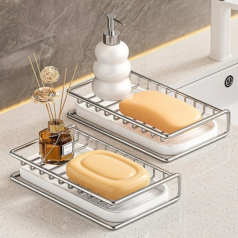 Soap Dish with Drain, Bathroom Countertop Storage Rack, Multifunctional Organizer for Soap, Sponge & Cleaning Cloth