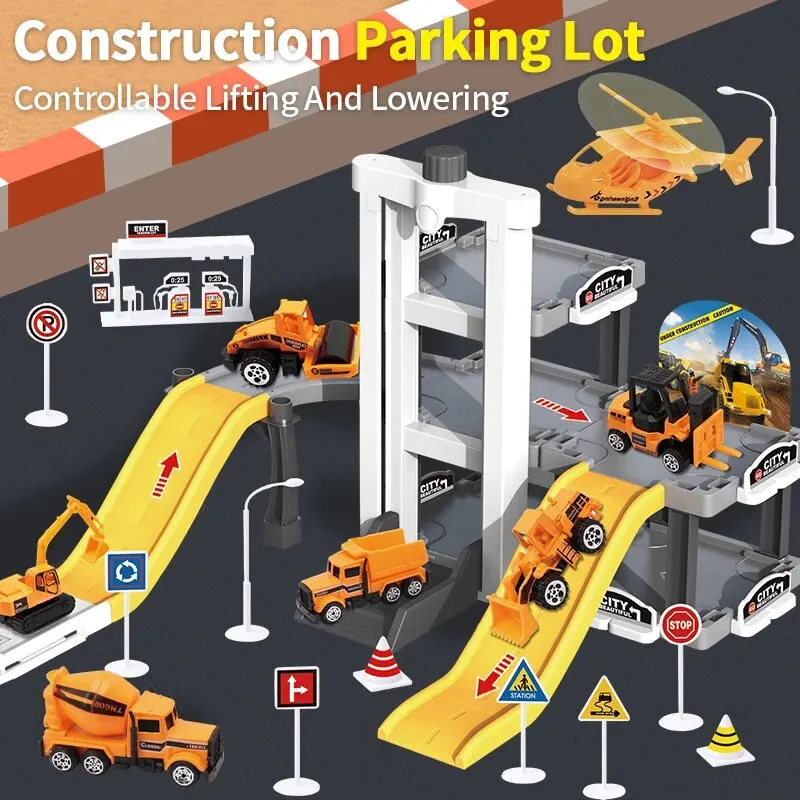 Die-Cast Engenharia Estacionamento Toy Set, Cena Multifuncional, Armazenamento Estacionamento, 2 Carros + 1 Aeronaves, Presente de Aniversário