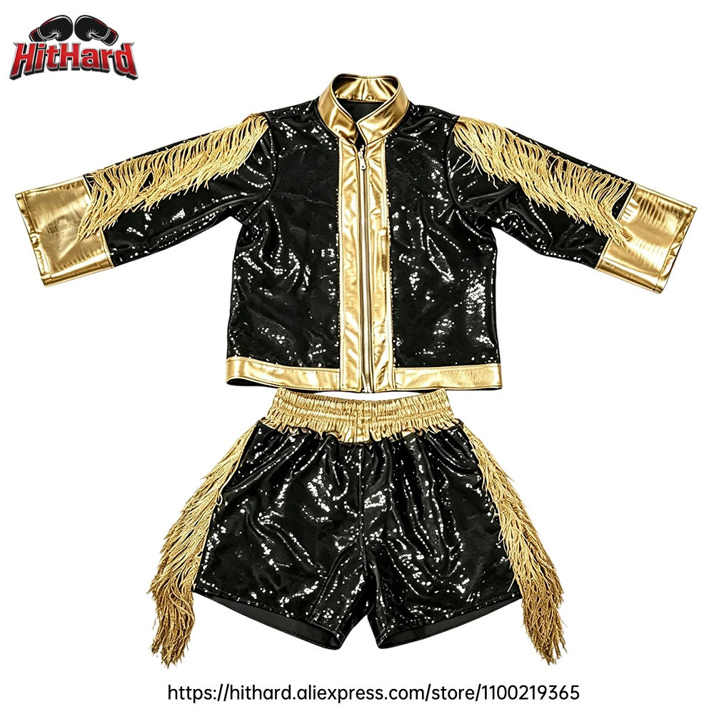Gold Black Sequin Muay Thai Boxing Shorts Long Sleeve Jacket Gown Set Men Women Kids Boxing Entrance MMA Kickboxing Fight Outfit