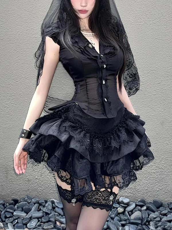 

Retro Lace Splice Slim Fit Shirt And Cake Skirt Two-Piece Set for Women Summer Fashion Ensemble High Waist V-Neck Short ...