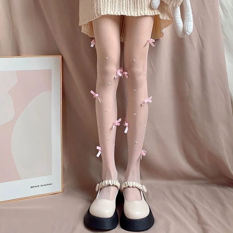 Meias brancas finas para mulheres meias de arco japonês doce joelho alto jk meia-calça puro desejo vento pérola meias