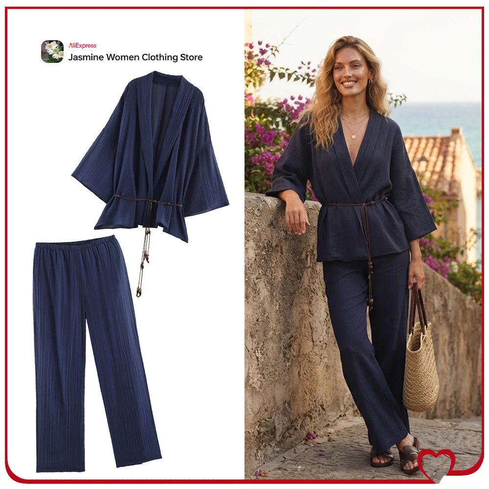 Semi-sheer Wringle Look Pant Sets for Women Wrinkled Effect Semi-sheer Jacket with Beaded Belt Matching Tonal High-waisted Pants