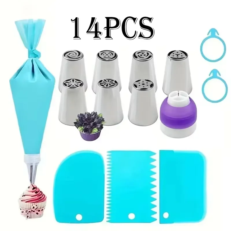 14 PCS Cake Decorating Set, Russian Piping Tips with Converter & Scraper Kit Complete Icing Nozzle Kit for Cake Baking Beginners