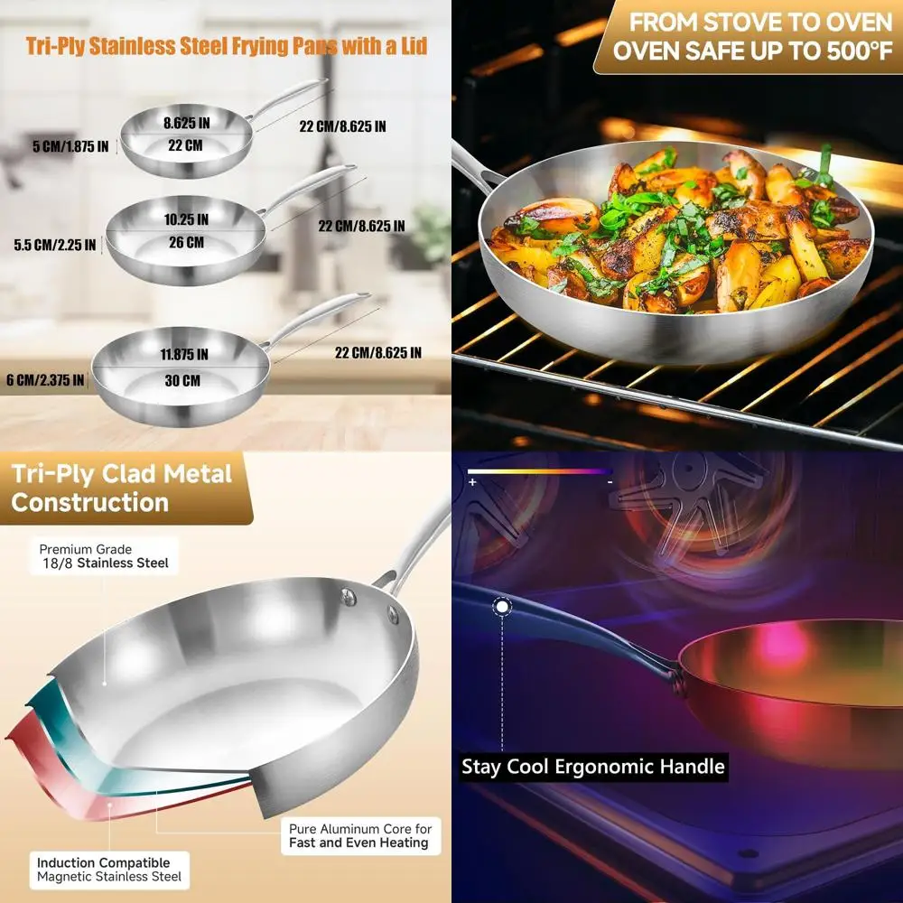 

10-12 Inch Stainless Steel Tri-Ply Fry Pan Set with Lid, Induction Compatible, Oven & Dishwasher Safe, Removable Handle