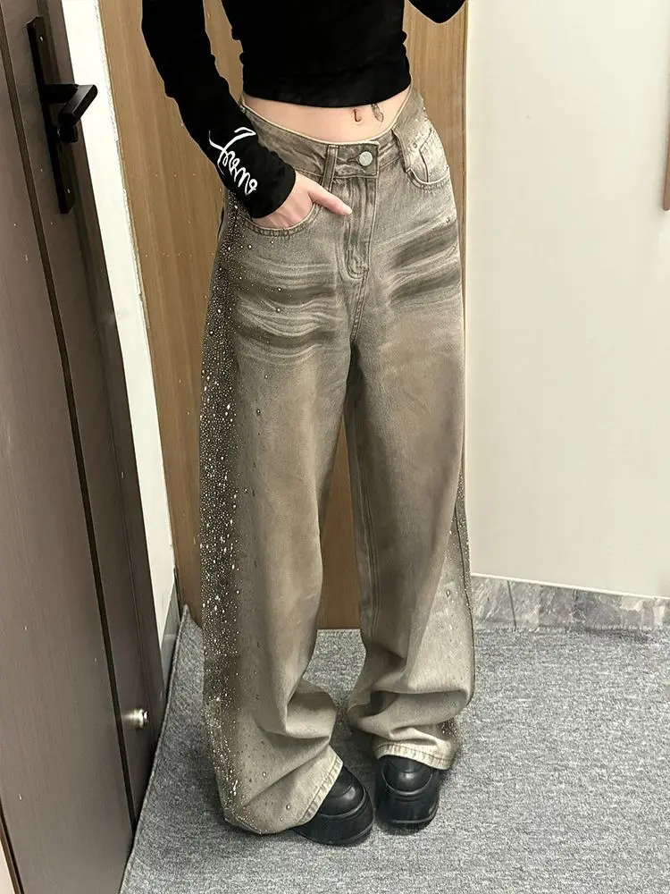 American Fashion High Street Design Side Rhinestone Denim Women Summer New Spicy Girl Vintage Jeans All-Match Floor-Length Pants