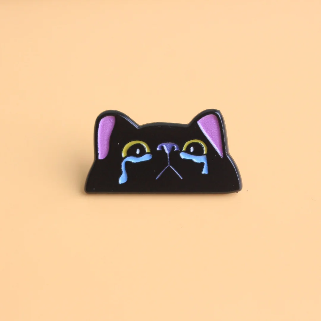 Cute Black Cat Enamel Pin – Cartoon Style Brooch with Pink Ears & Crying Eyes, Adorable Lapel Badge for Backpacks
