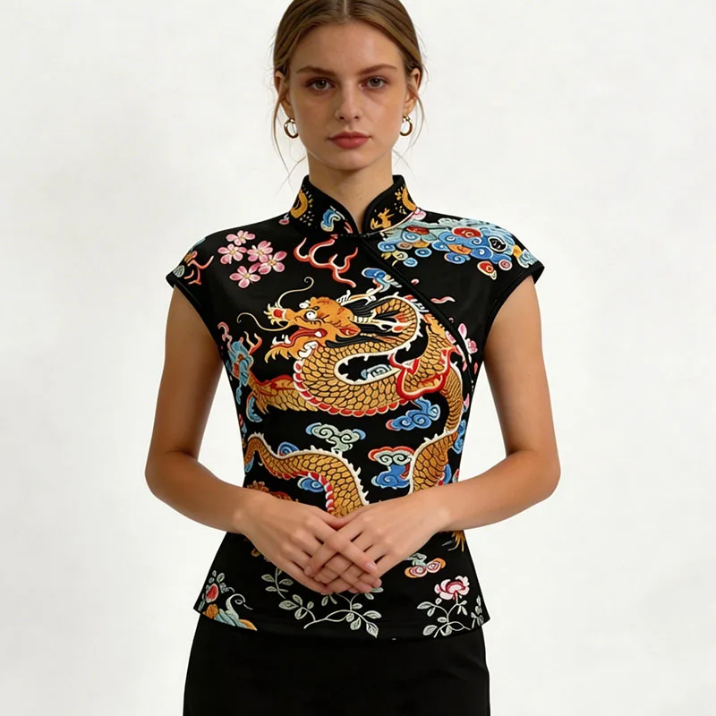 Summer New Chinese Dragon Pattern Contrast Design Upper Garment Stand Collar Irregular Buttons Slim Women's Short Sleeve T-shirt