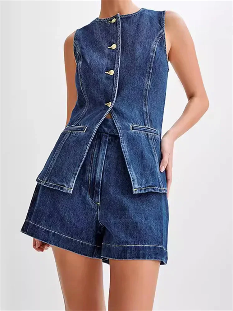 Women\'s Denim Long Vest Tops Button-up Back Slit Sleeveless Pocket Round Neck Waistcoat Coat Streetwear Female Tank Tops