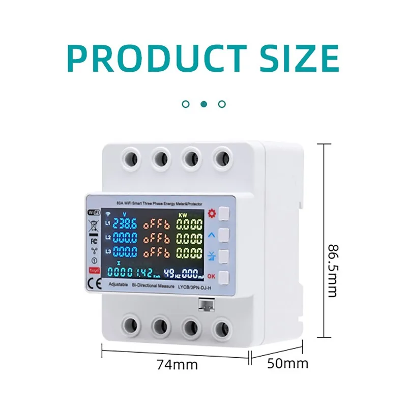 Tuya WIFI 80A Smart Three-Phase Energy Meter & Protector with Auto-Reclosing, Voltage Multi-functional Protection for Smart Life