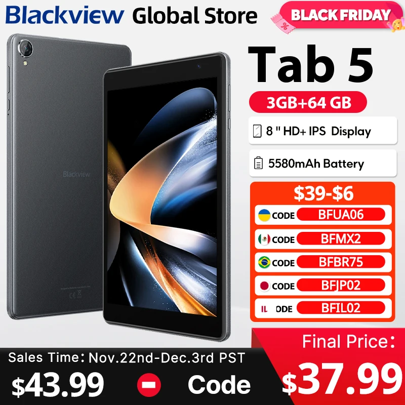 تابلت Blackview Tab 5 مقاس 8 بوصات عالي الدقة + IPS شاشة أندرويد 12 مكبرات صوت مزدوجة 5 جيجابايت (3 + 2) بطارية 64 جيجابايت 5580 مللي أمبير في الساعة أندرويد الوسادة PC