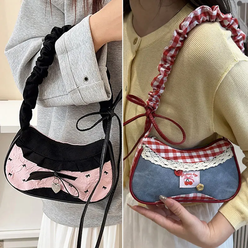 

Fashion Grid Women Bag Lace Ribbon Stretchable Shoulder Strap Single Shoulder Underarm Bag Daily Commuting Student Handbag