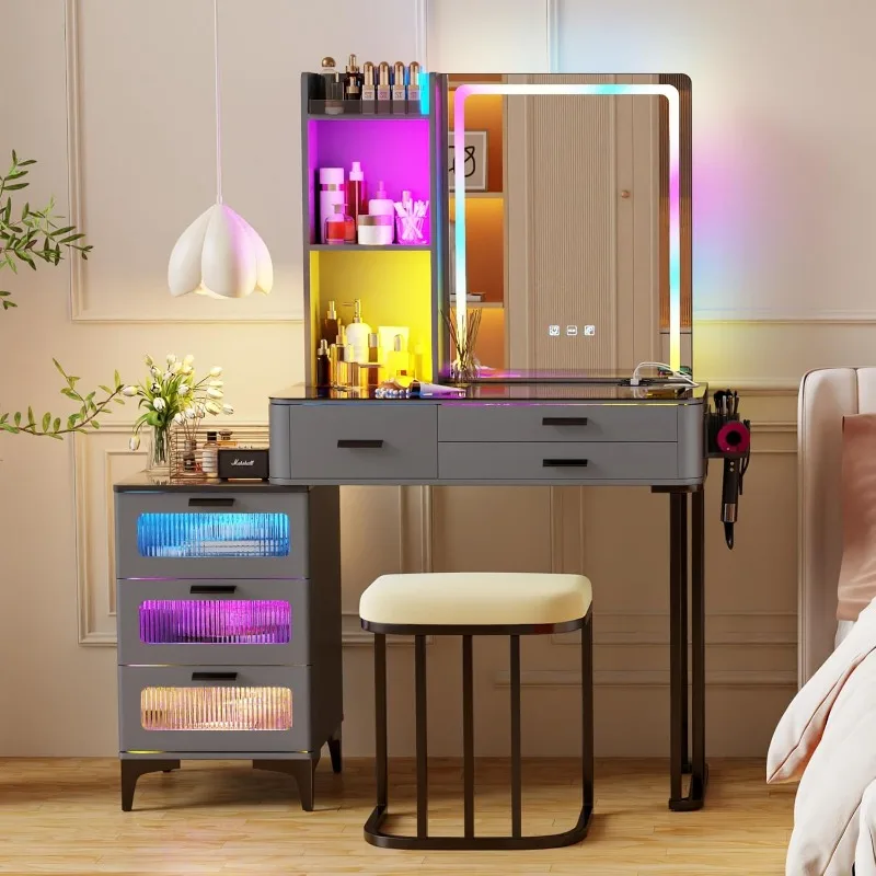 RGB Makeup Vanity Desk with Mirror and Lights, 7 Dynamic and 7 Static Dimmable Make up Vanity Table with Charging Station,Vanity