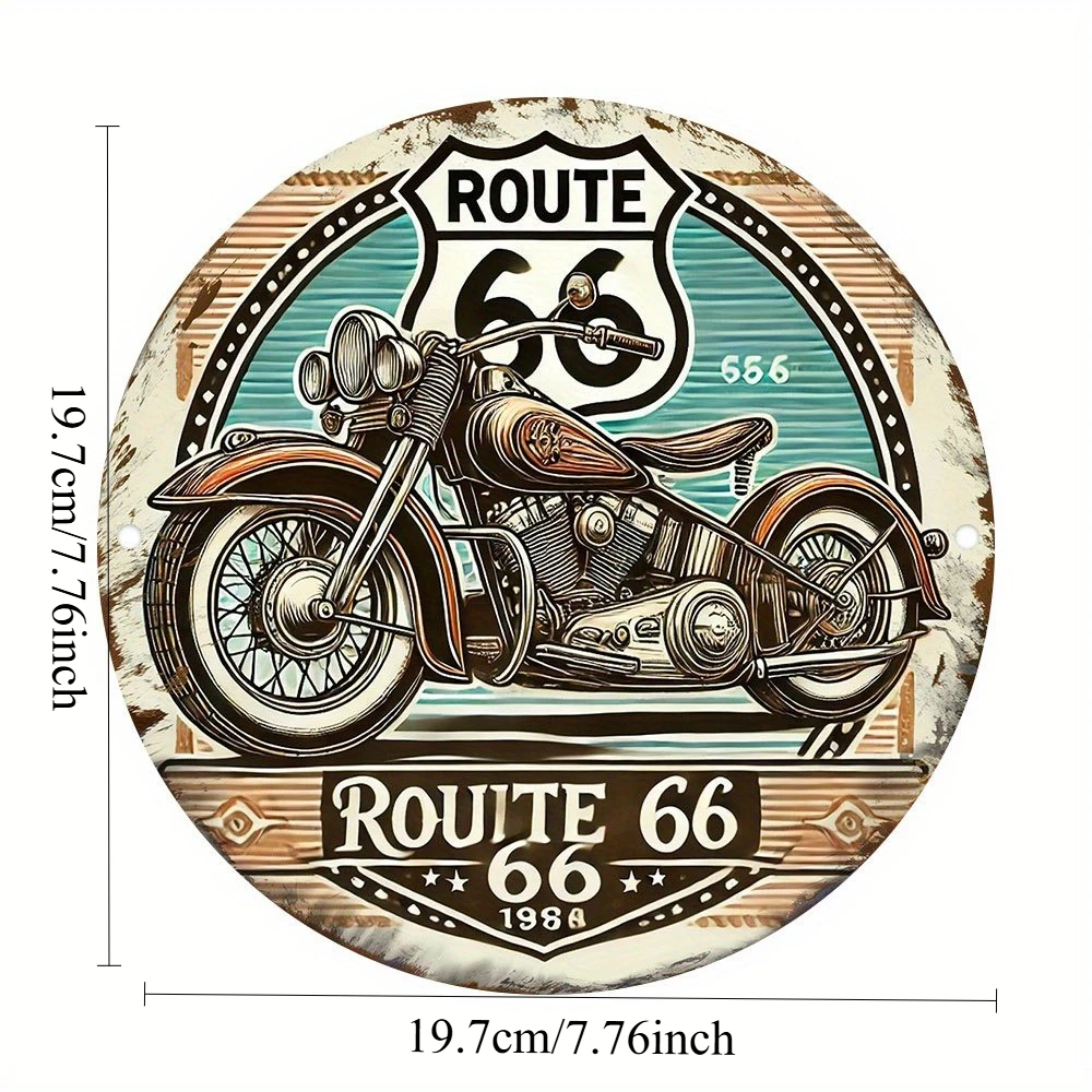 2D Flat -1pc Vintage Route 66 Motorcycle - Round Iron Wall Art Decor, Retro Indoor/Outdoor Hanging Plaque  Metal Wall Art Decor