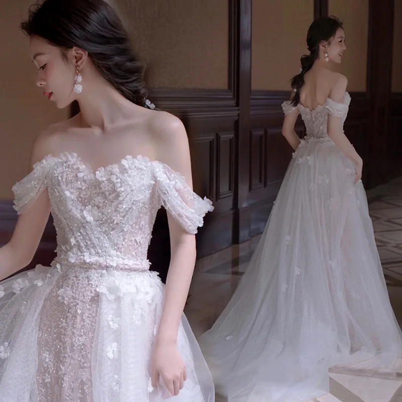 Customized White A Line Women Wedding Dresses Off Shoulder Sequins Tulle Bridal Gowns Vestido De Noiva robe mariage