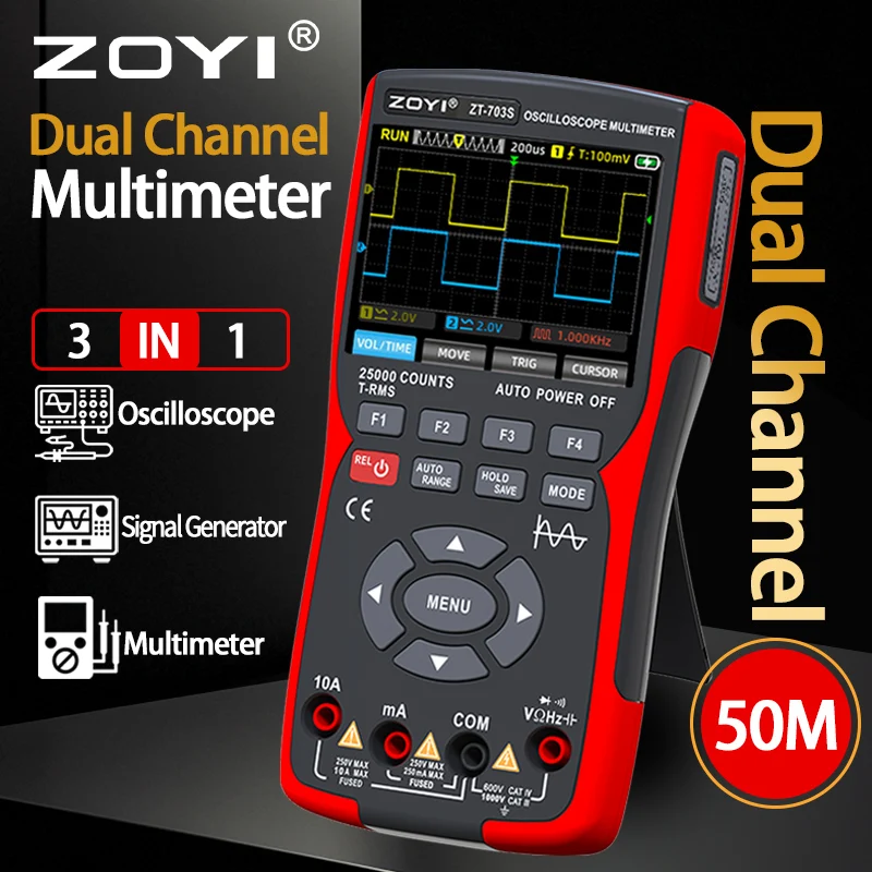 

Mazpigu ZT-703S Handheld Oscilloscope 3-in-1 Automotive Dual Channel 50MHz Digital Multimeter Signal Generator 3400mAh