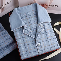 Pijama de algodón 100% para Hombre, ropa de dormir de manga corta con botones, a cuadros azules, para verano