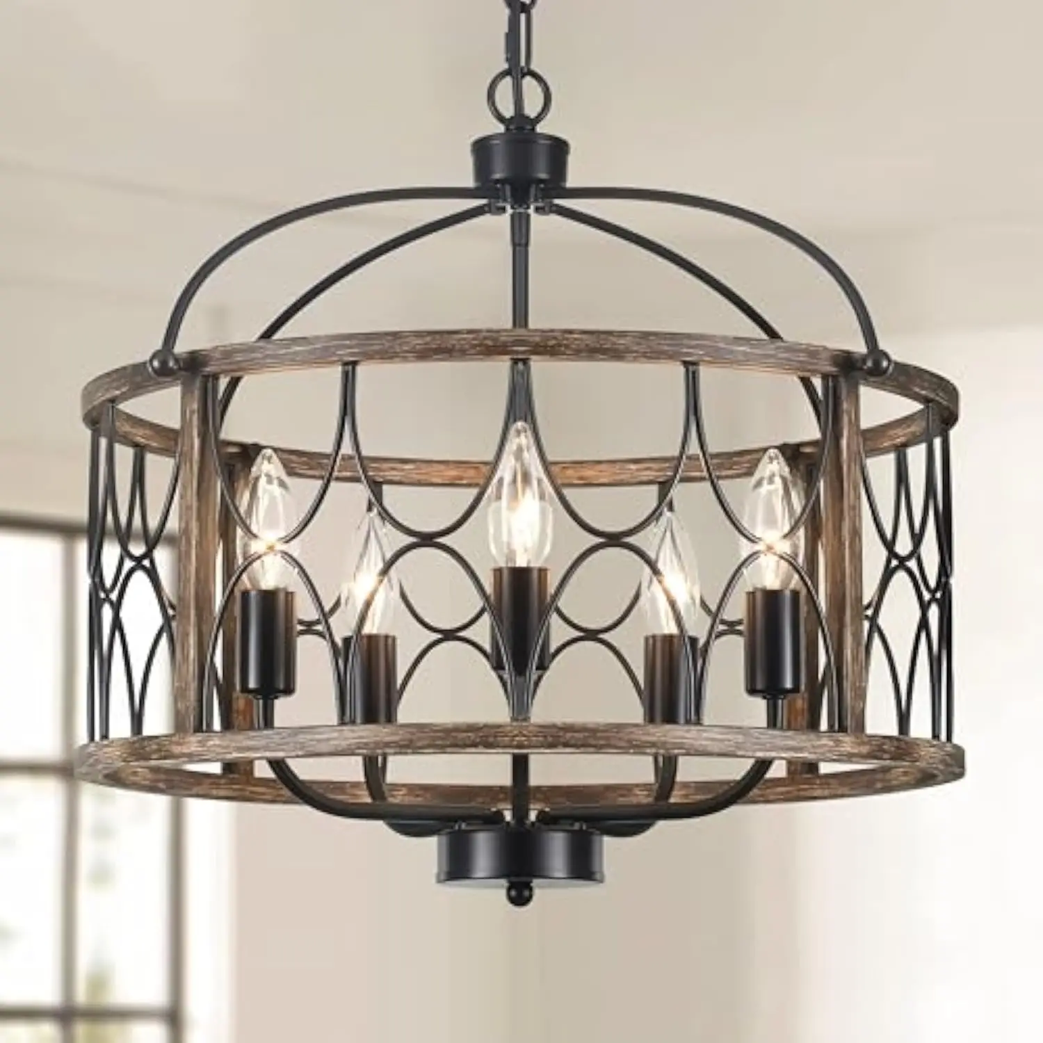 

Farmhouse Chandelier, 17.7 英寸 Rustic Black Wood Texture Dining Room Light Fixtures, 5-Light Adjustable Drum Hanging Pendant L