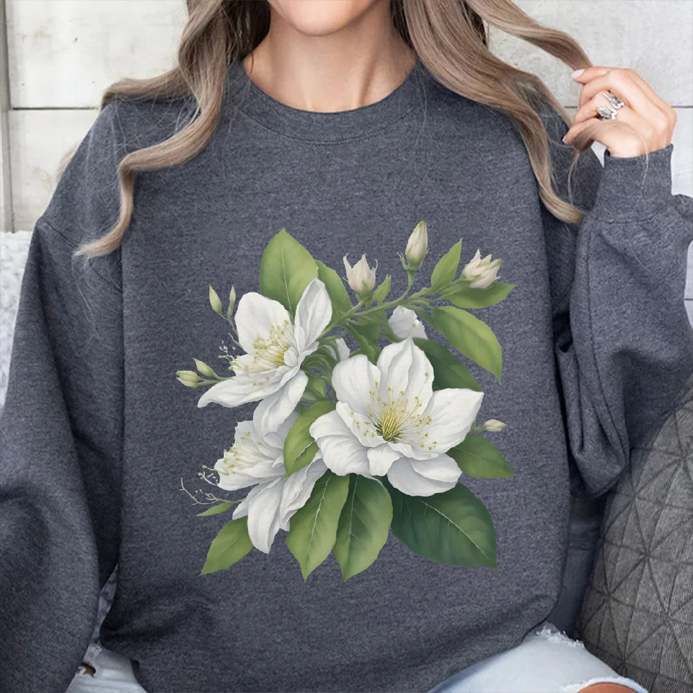 

Sweatshirt Delicate White Flowers Print Y2k Style Graphic Sweatshirt Elegant Nature Simple Unique Soft Fabric Casual Clothes
