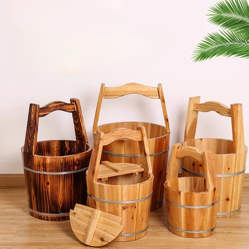 Natural Wooden Sauna Bucket Herbal Foot Bath Tub for Spa & Hot Spring Therapy Portable Handcrafted Hot Water Soaking Container
