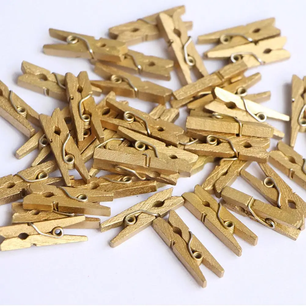 

50pcs Mini 25mm gold/silver Wooden Clips Photo Clips Clothespin Photo Paper Clothespin Craft Clips Portable Wood Clamp